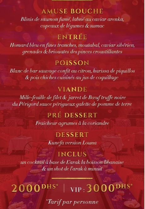 the menu of the new years eve of Louna Music Hall casablanca